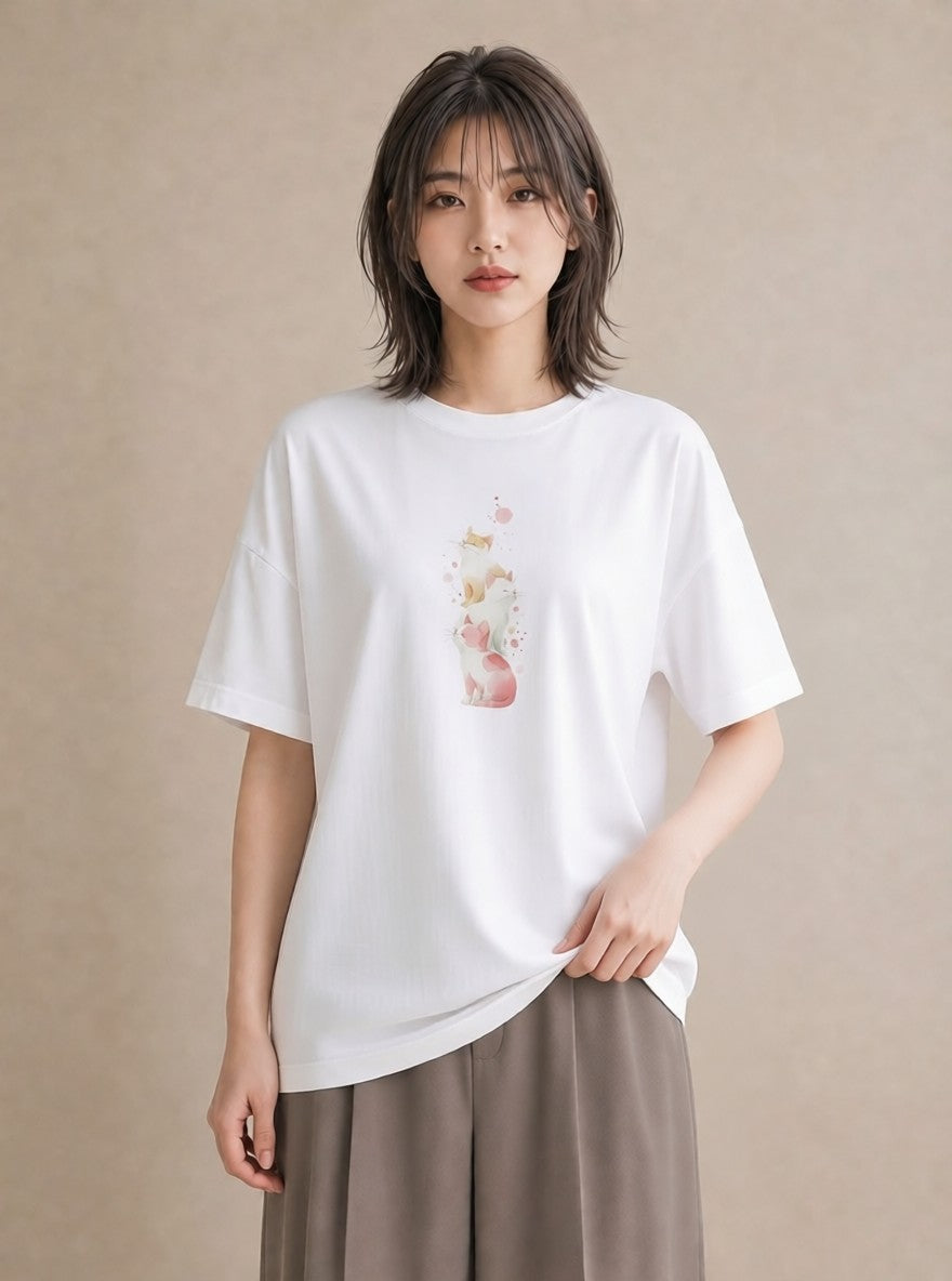 Tシャツ レディース 肉球 猫 ねこ イラスト ゆるコーデ ママ カフェ服 白T YMAZO