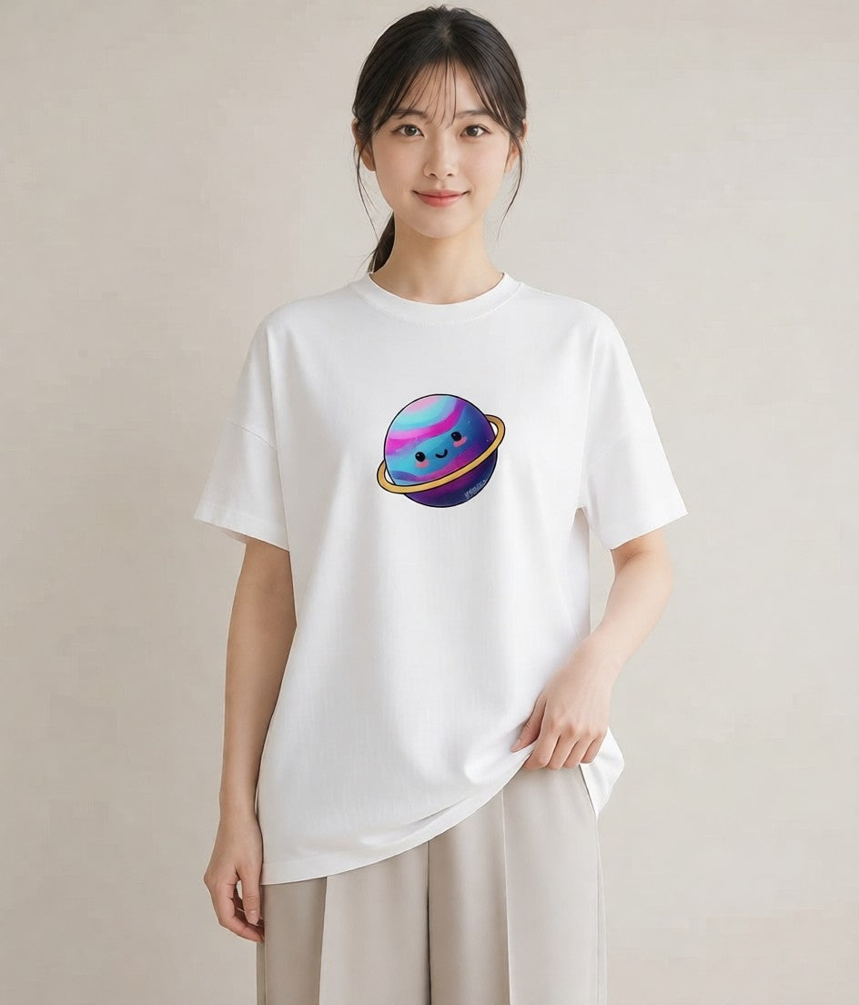グラフィックTシャツ レディース 土星 星空 宇宙 イラスト 旅行コーデ 通勤 在宅 白T YMAZO