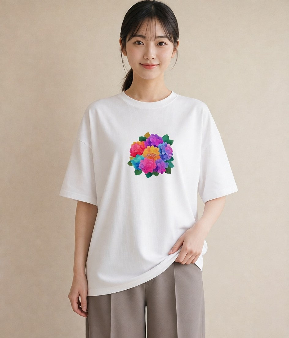 半袖Tシャツ レディース あじさい 紫陽花 アジサイ 花 花柄 イラスト カフェコーデ お出かけ 普段着 白T YMAZO