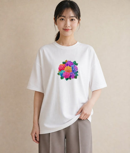 半袖Tシャツ レディース あじさい 紫陽花 アジサイ 花 花柄 イラスト カフェコーデ お出かけ 普段着 白T YMAZO