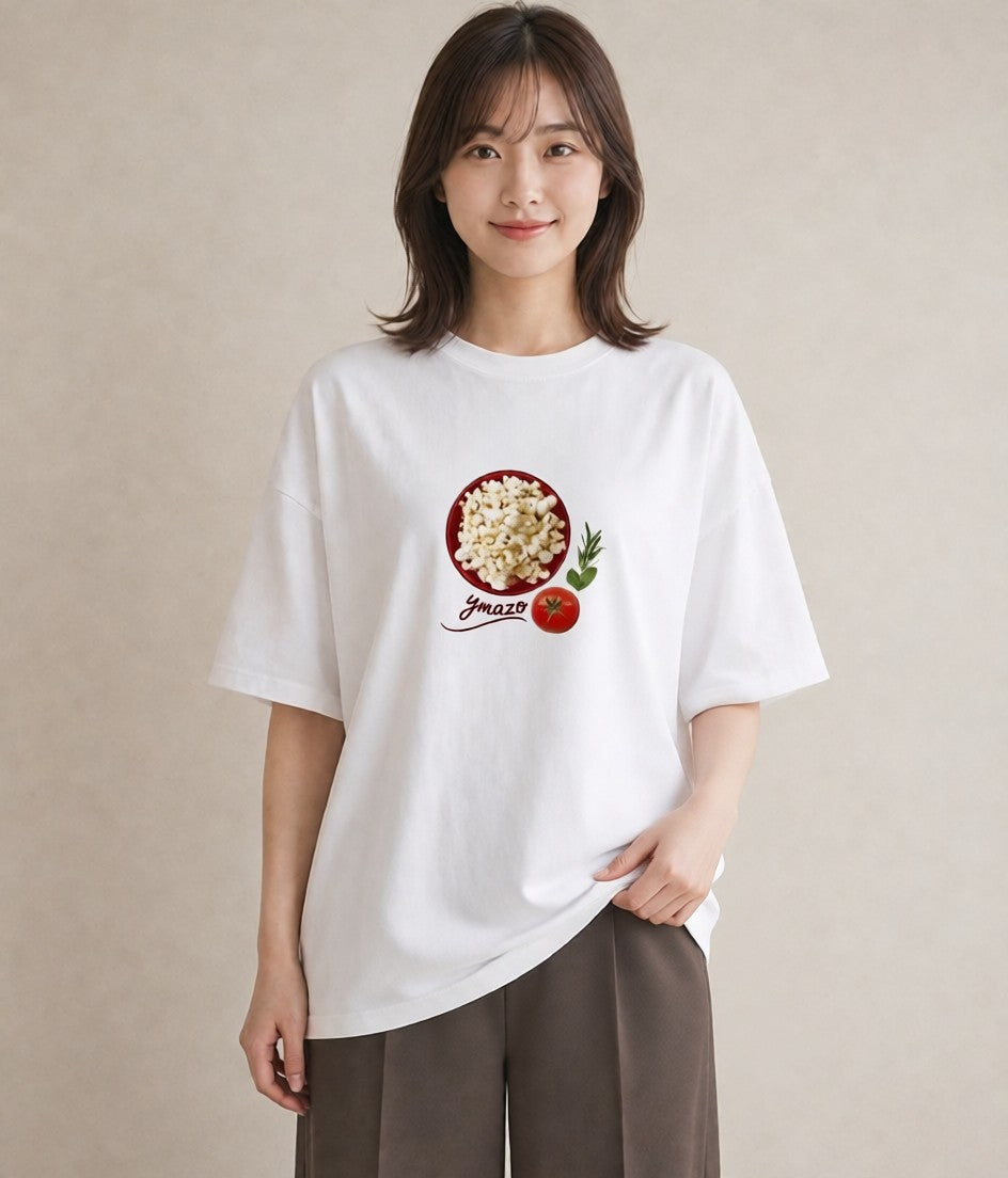 半袖Tシャツ レディース ポップコーン 食べ物 フード イラスト ヴィンテージ風 母の日 ビーチ 白T YMAZO