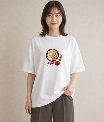 半袖Tシャツ レディース ポップコーン 食べ物 フード イラスト ヴィンテージ風 母の日 ビーチ 白T YMAZO