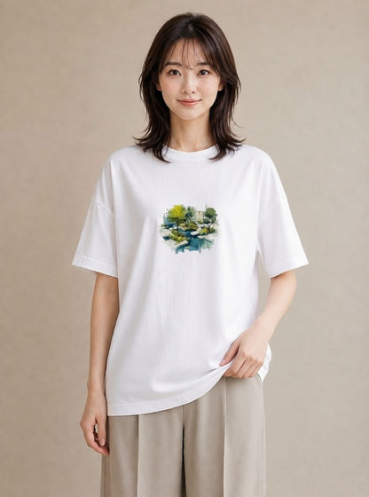 プリントTシャツ レディース 雨上がりのベンチ ベンチ ナチュラル アンティーク イラスト 可愛い 散歩 お出かけ 白T YMAZO