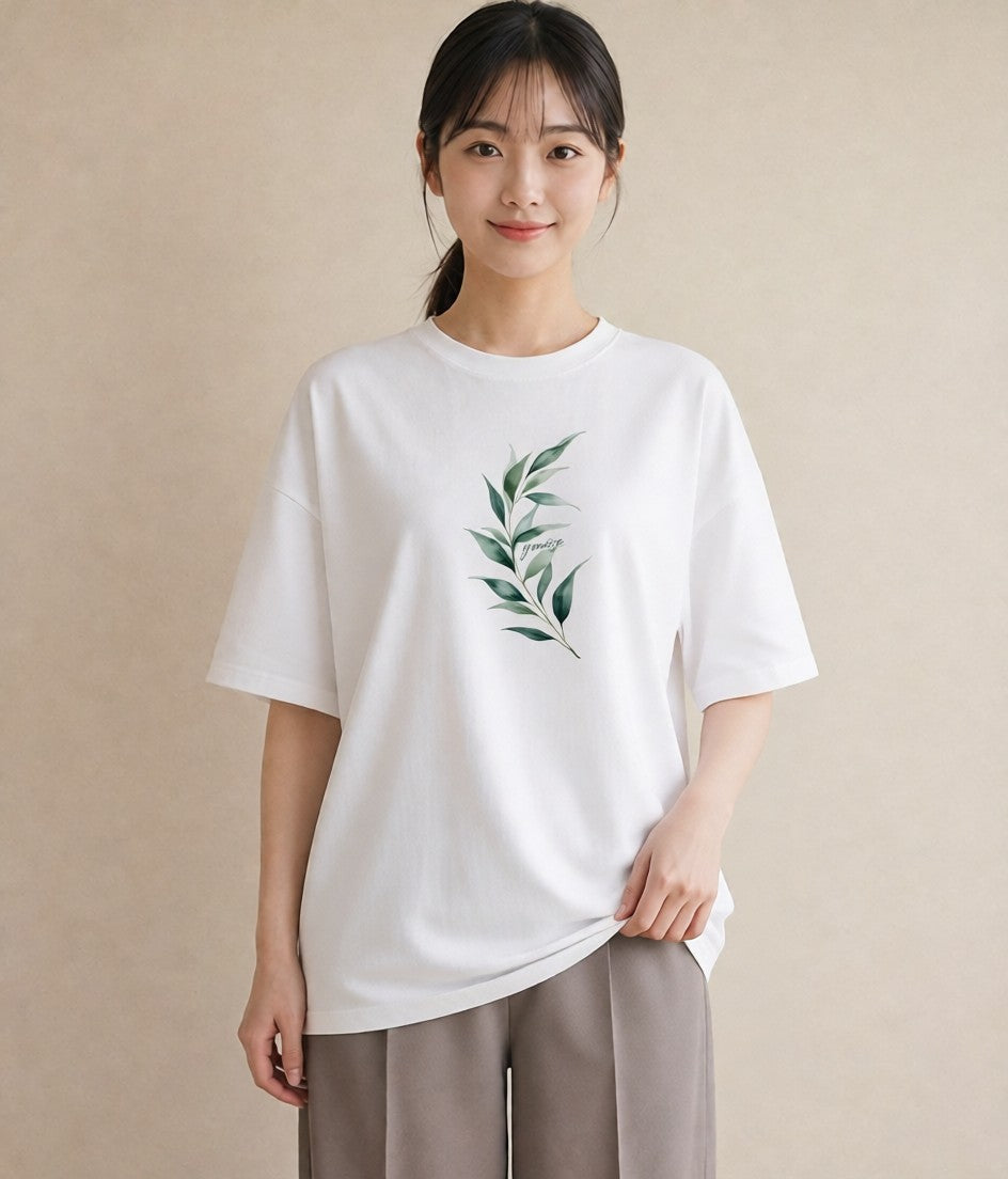 デザインTシャツ レディース シダ 植物 ボタニカル イラスト 抜け感 綿100 デート 白T YMAZO