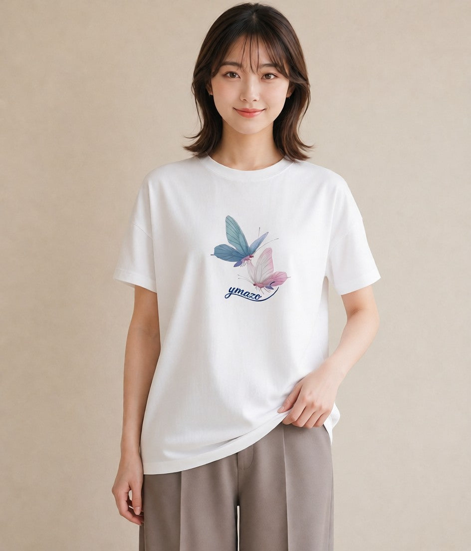 半袖Tシャツ レディース ちょうちょ 蝶 バタフライ 昆虫 虫 イラスト カフェコーデ 送別ギフト 通勤 白T YMAZO