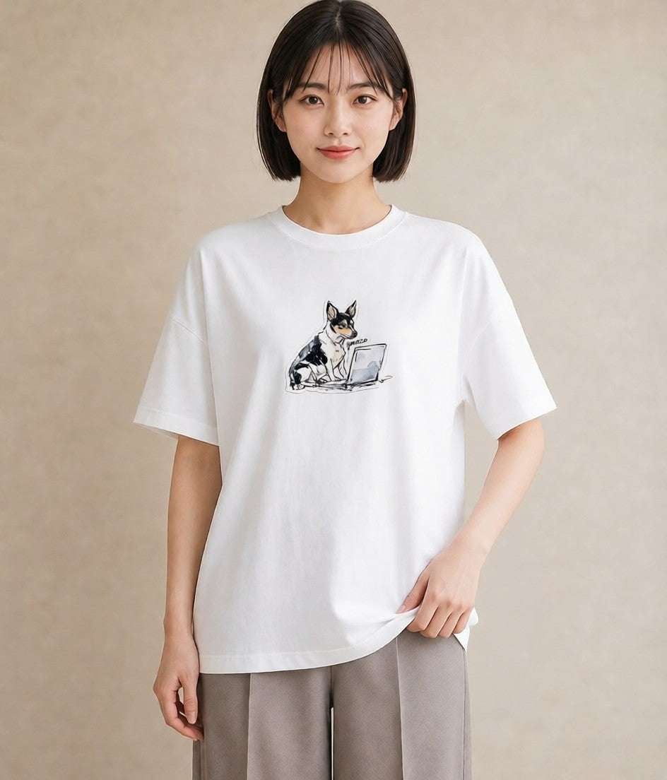 プリントTシャツ レディース 犬 いぬ イラスト 水彩風 母の日 ビーチ 白T YMAZO