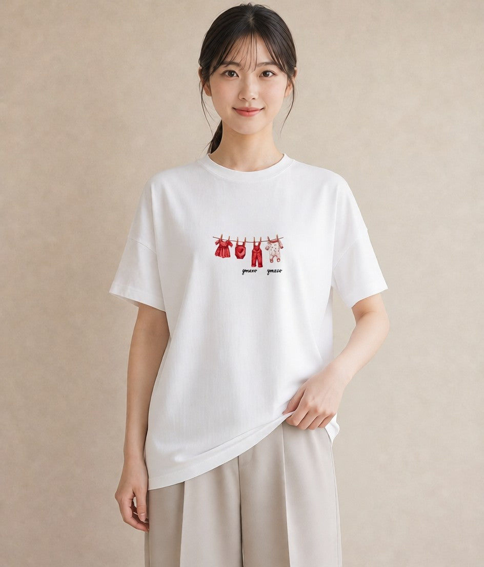 グラフィックTシャツ レディース 洗濯物 風 ナチュラル アンティーク イラスト お洒落 通勤 在宅 白T YMAZO