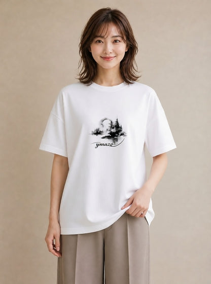 グラフィックTシャツ レディース 窓辺の雨 雨の日 窓 ナチュラル アンティーク イラスト ヴィンテージ風 ビーチ デイリーウェア 白T YMAZO