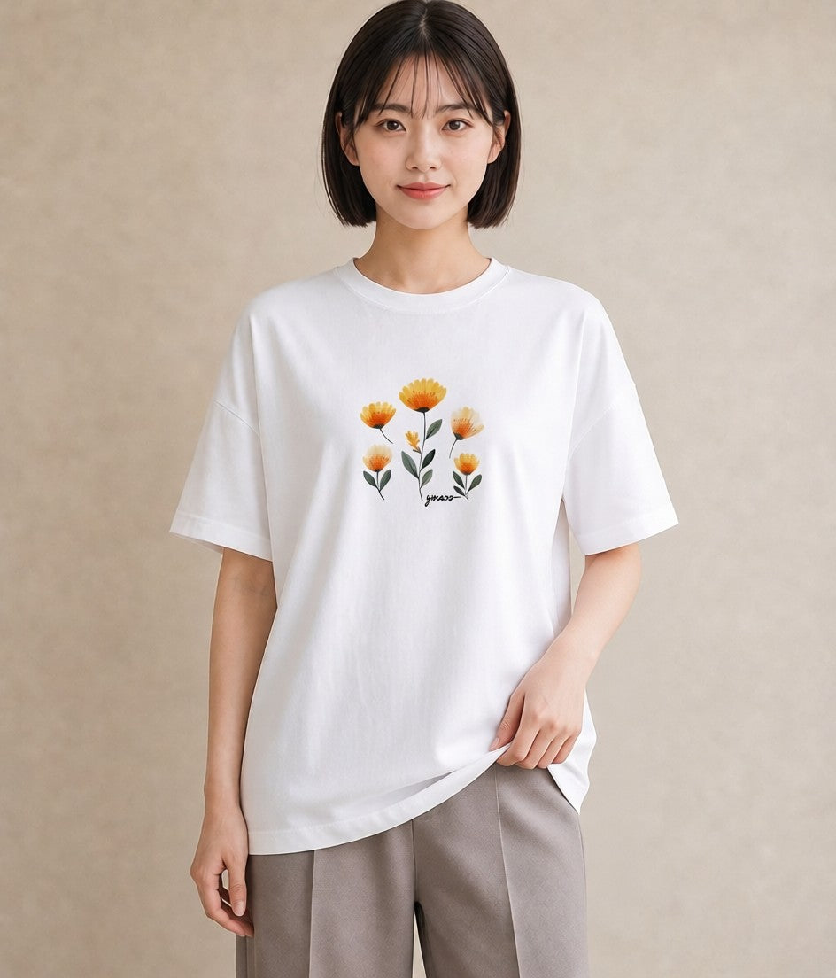 Tシャツ レディース ミモザ 花 花柄 イラスト きれいめ 夏コーデ 通学 白T YMAZO