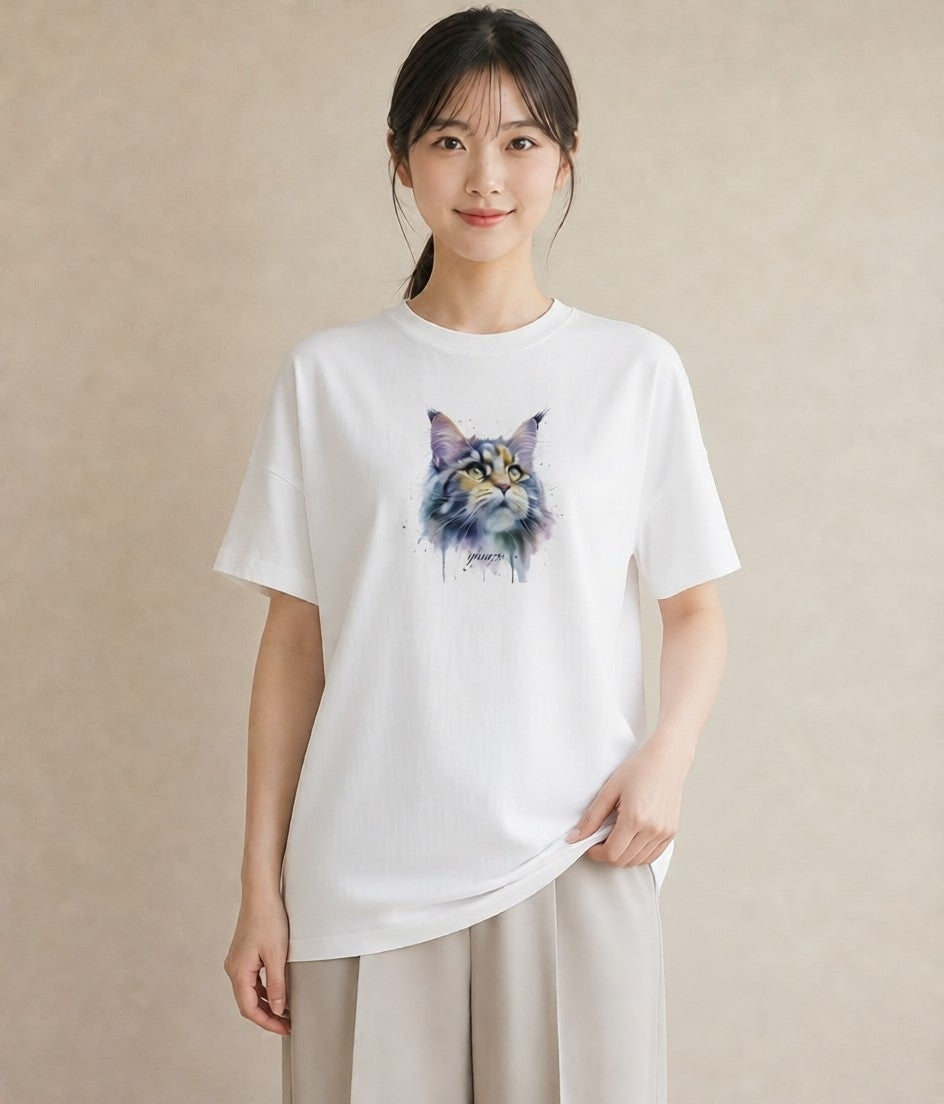 Tシャツ レディース 三毛猫 みけねこ 三毛 猫 ねこ イラスト モード 通学 誕生日プレゼント 白T YMAZO