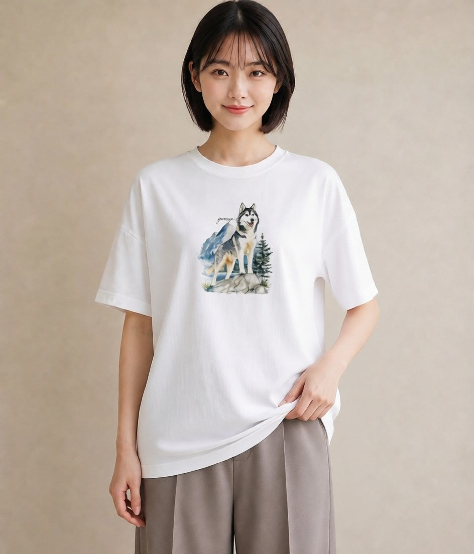 グラフィックTシャツ レディース シベリアンハスキー 犬 いぬ イラスト 線画 女性向けギフト 散歩 白T YMAZO