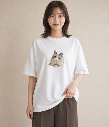 デザインTシャツ レディース ペルシャ 猫 ねこ イラスト ニュアンス 普段着 週末コーデ 白T YMAZO