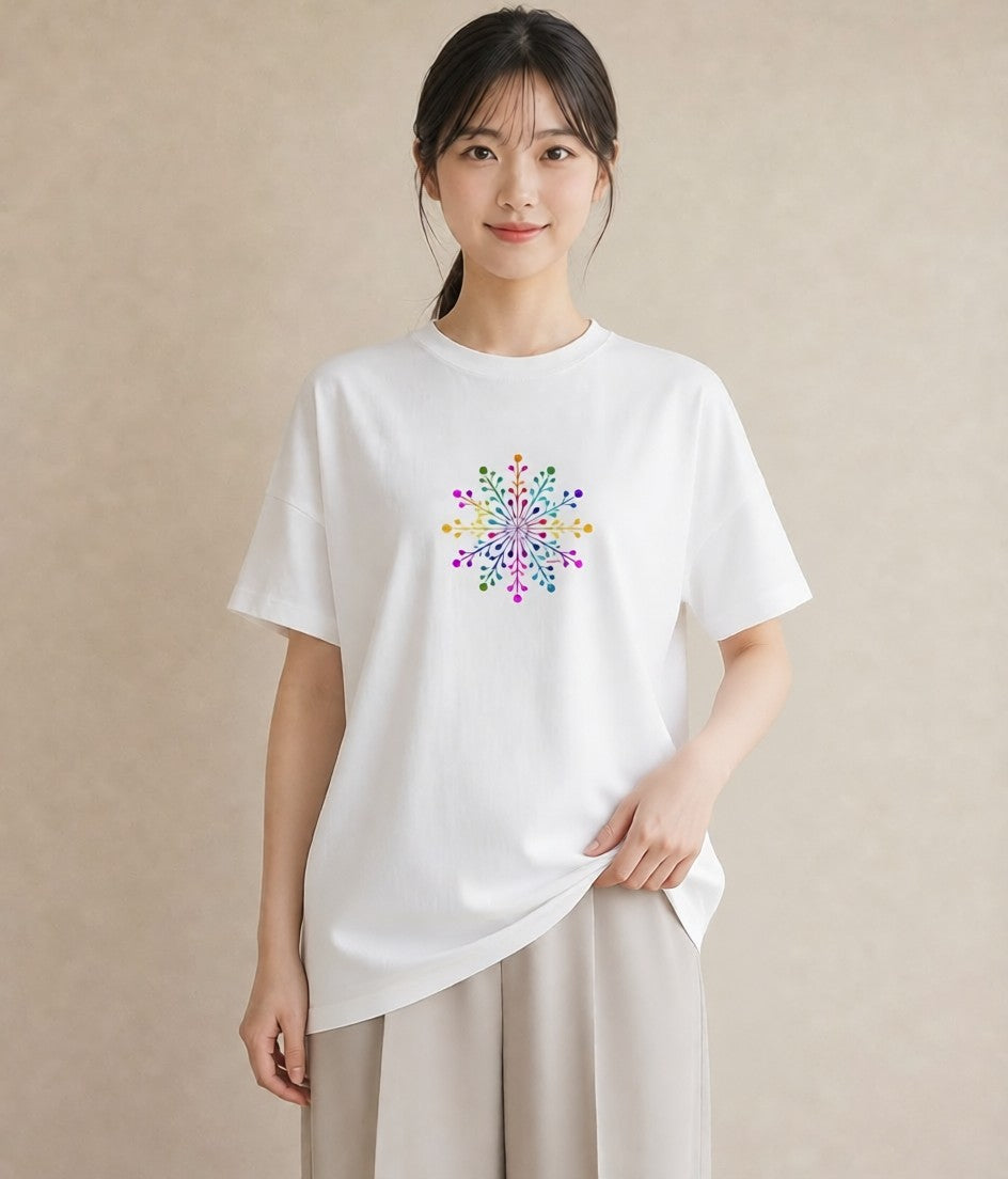 グラフィックTシャツ レディース 雪の結晶 星空 宇宙 イラスト ポップ デイリーウェア 休日 白T YMAZO