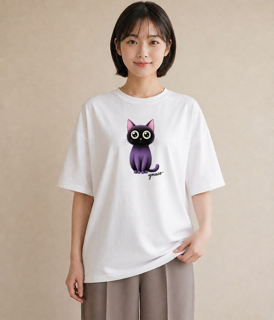 半袖Tシャツ レディース 黒猫 猫 ねこ イラスト 旅行コーデ ホワイトデー 春服 白T YMAZO