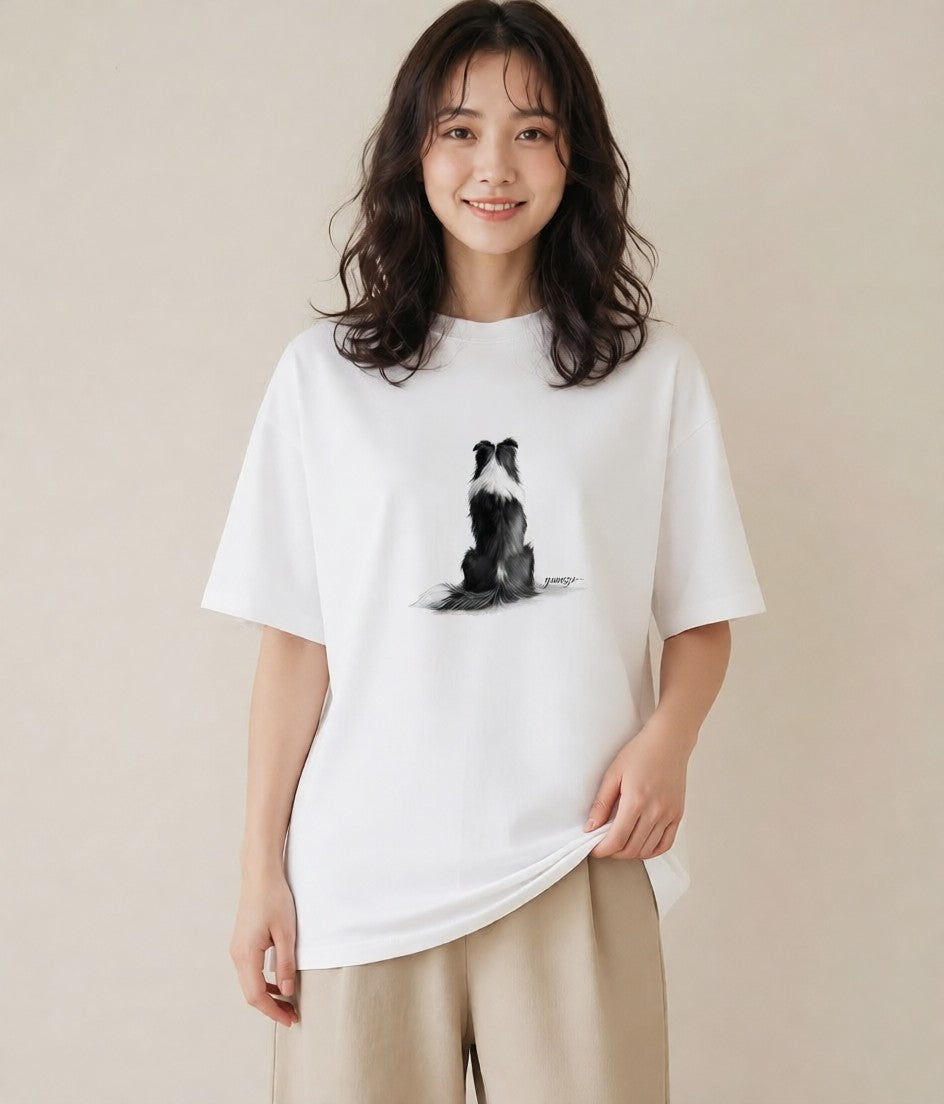 プリントTシャツ レディース ボーダーコリー 犬 いぬ イラスト 普段使い ペアコーデ 秋コーデ 白T YMAZO