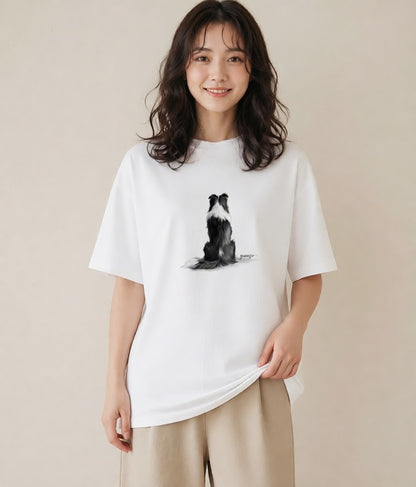 プリントTシャツ レディース ボーダーコリー 犬 いぬ イラスト 普段使い ペアコーデ 秋コーデ 白T YMAZO