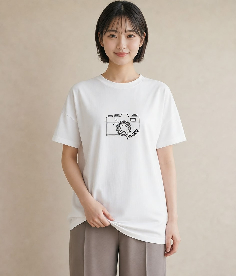 デザインTシャツ レディース カメラ フィルムカメラ レトロカメラ イラスト シンプル 自分用 ルームウェア 白T YMAZO