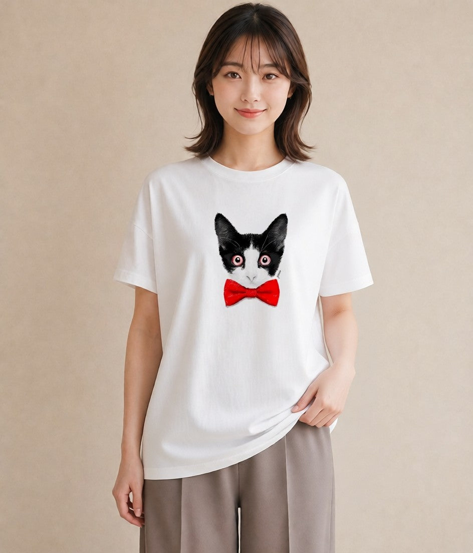 デザインTシャツ レディース ハチワレ 白黒猫 猫 ねこ イラスト シック 送別ギフト 通勤 白T YMAZO