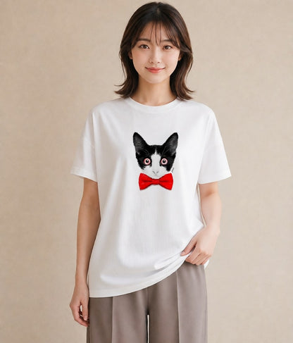 デザインTシャツ レディース ハチワレ 白黒猫 猫 ねこ イラスト シック 送別ギフト 通勤 白T YMAZO