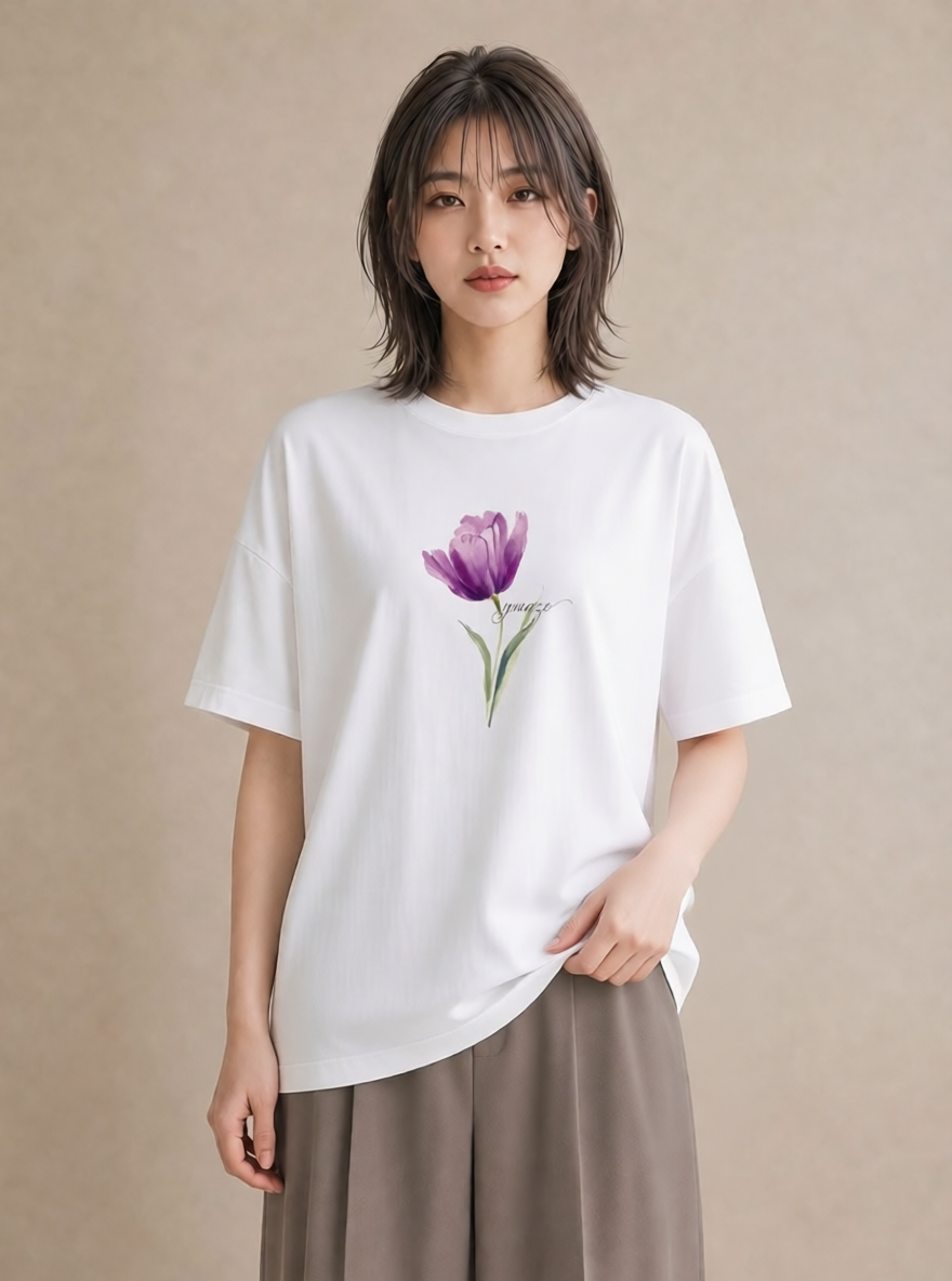 Tシャツ レディース スミレ 花 花柄 イラスト 線画 旅行用 海 白T YMAZO