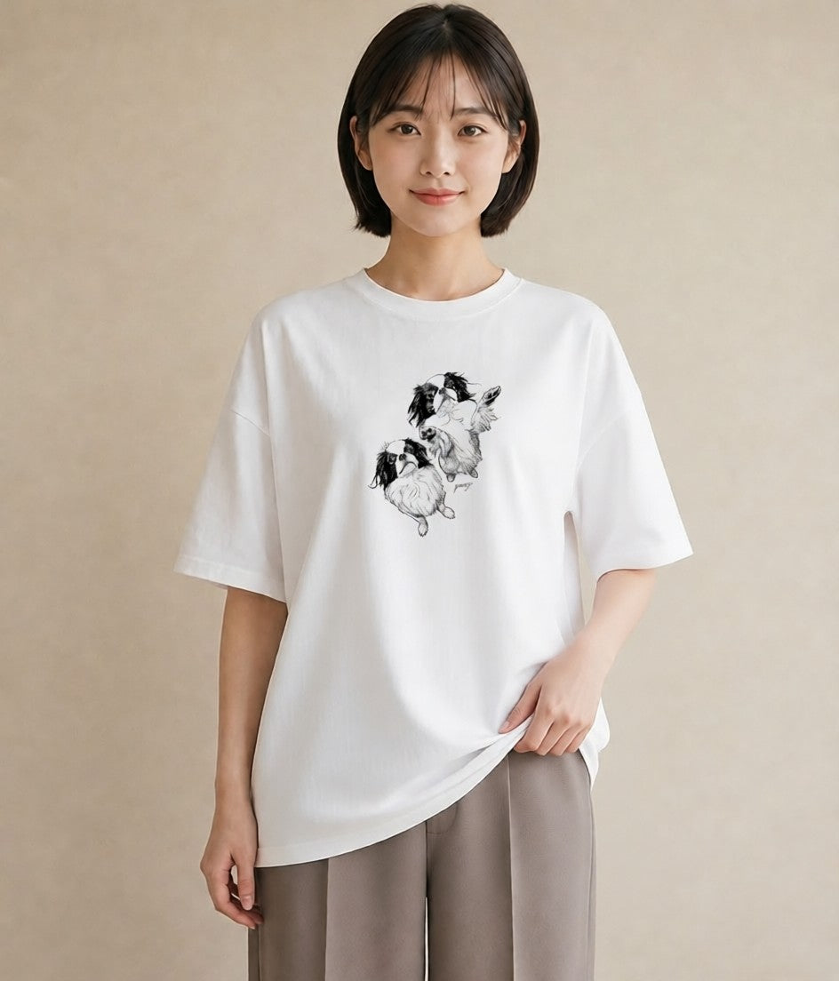 プリントTシャツ レディース 狆 犬 いぬ イラスト きれいめ 買い物 夏コーデ 白T YMAZO