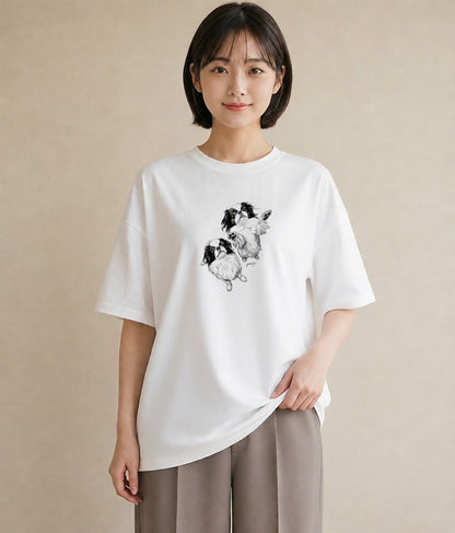 プリントTシャツ レディース 狆 犬 いぬ イラスト きれいめ 買い物 夏コーデ 白T YMAZO