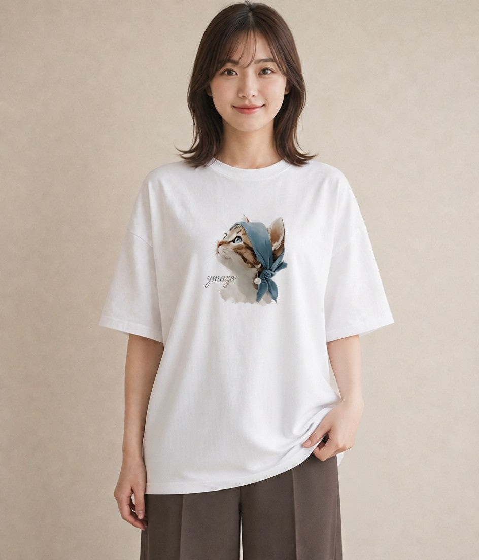 半袖Tシャツ レディース ねこ 猫 ネコ イラスト シンプル 敬老の日 ホワイトデー 白T YMAZO