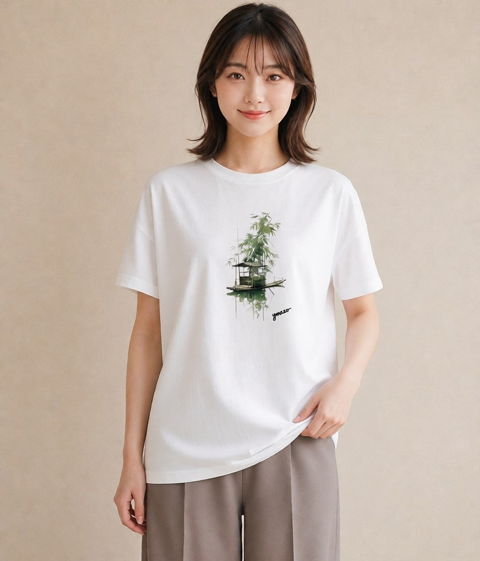 グラフィックTシャツ レディース 桟橋 水辺 波止場 ナチュラル アンティーク イラスト ゆるコーデ カフェ服 クリスマス 白T YMAZO