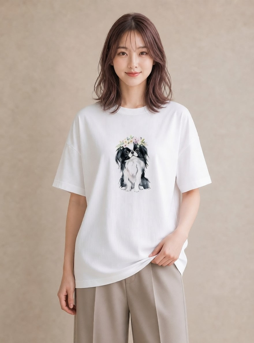 Tシャツ レディース 狆 犬 いぬ イラスト フェミニン ペアコーデ 秋コーデ 白T YMAZO