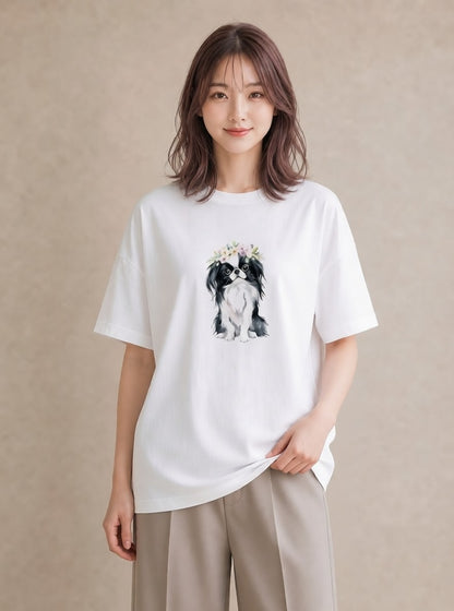 Tシャツ レディース 狆 犬 いぬ イラスト フェミニン ペアコーデ 秋コーデ 白T YMAZO