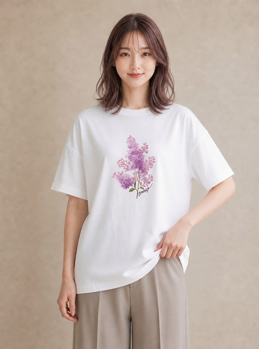 半袖Tシャツ レディース ラベンダー 花 花柄 イラスト 散歩 お出かけ 白T