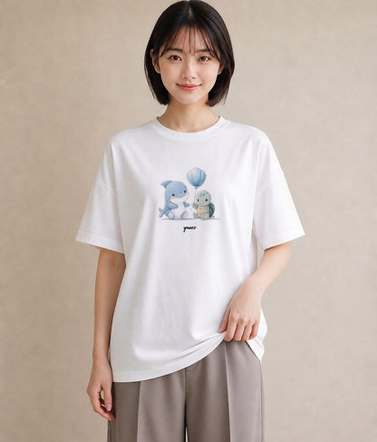 Tシャツ レディース イルカ 海の生き物 海 イラスト フェミニン 部屋着 女性向けギフト 白T YMAZO