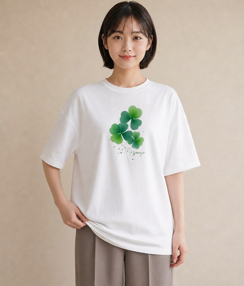 グラフィックTシャツ レディース クローバー 四つ葉 花 花柄 イラスト シンプル 普段着 週末コーデ 白T