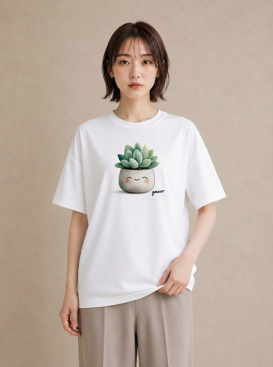 プリントTシャツ レディース 多肉植物 植物 ボタニカル イラスト 可愛い 社会人 女性 白T YMAZO