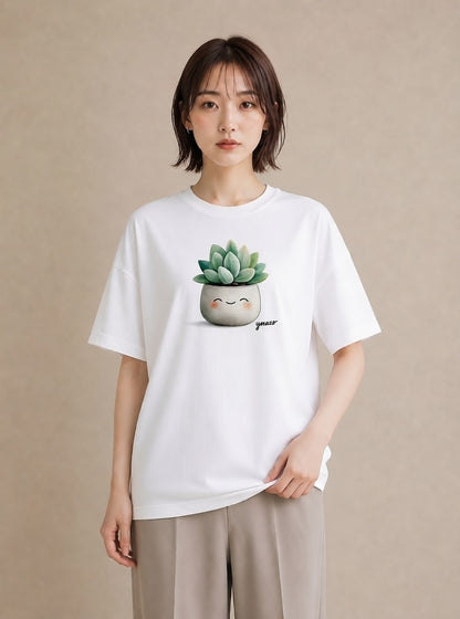 プリントTシャツ レディース 多肉植物 植物 ボタニカル イラスト 可愛い 社会人 女性 白T YMAZO