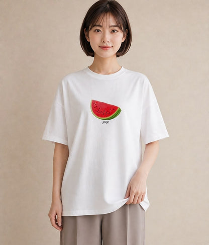 プリントTシャツ レディース すいか 食べ物 フード イラスト 韓国風 夏コーデ 通学 白T YMAZO