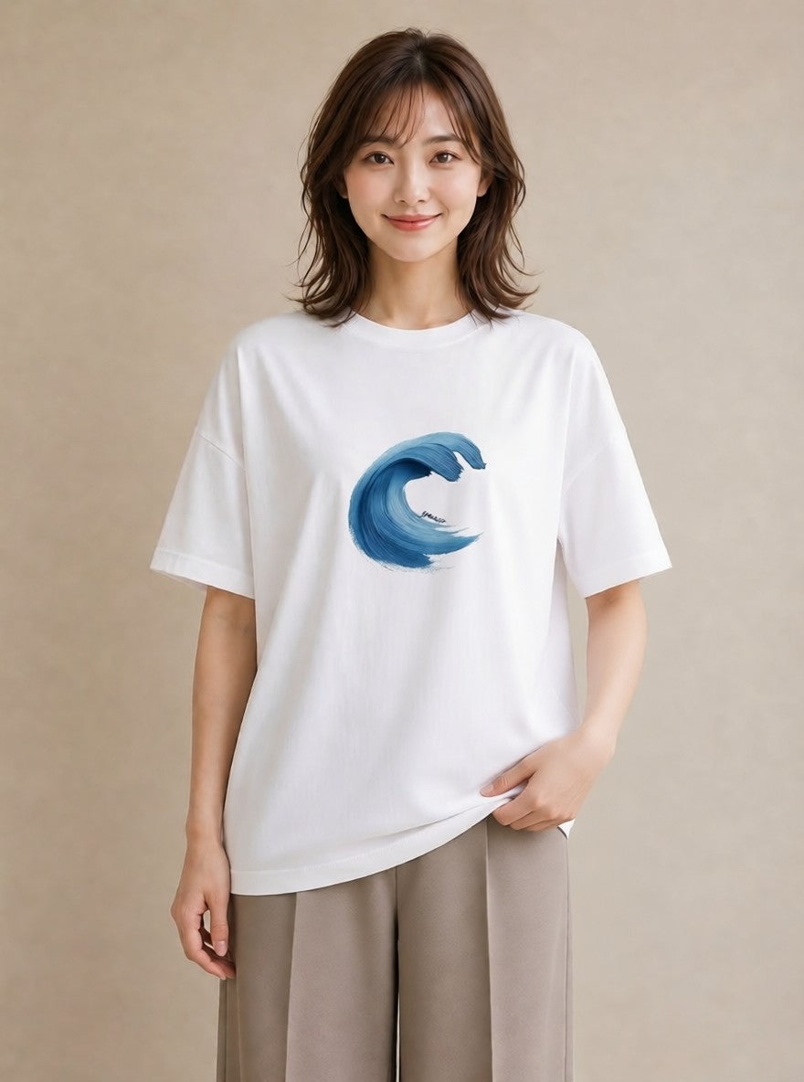 半袖Tシャツ レディース 波 星空 宇宙 イラスト 韓国風 週末コーデ 敬老の日 白T YMAZO