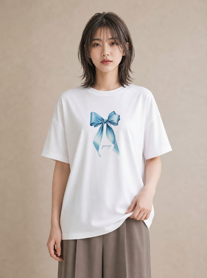 グラフィックTシャツ レディース リボン 蝶結び ナチュラル アンティーク イラスト ゆるかわ 女性 旅行用 白T YMAZO