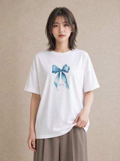 グラフィックTシャツ レディース リボン 蝶結び ナチュラル アンティーク イラスト ゆるかわ 女性 旅行用 白T YMAZO