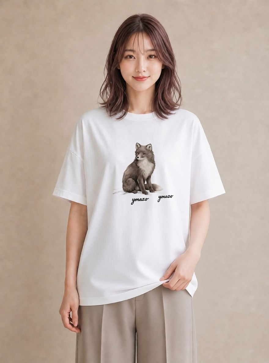 プリントTシャツ レディース きつね 動物 アニマル イラスト ナチュラル 送別ギフト 通勤 白T YMAZO