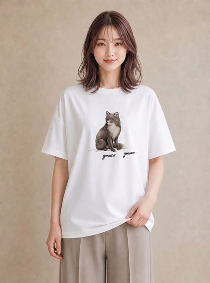 プリントTシャツ レディース きつね 動物 アニマル イラスト ナチュラル 送別ギフト 通勤 白T YMAZO