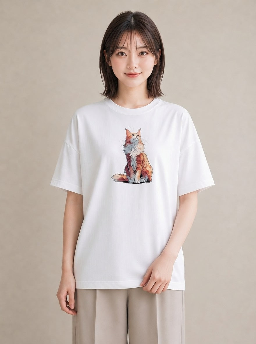 半袖Tシャツ レディース メインクーン 猫 ねこ イラスト ナチュラル 自分用 ルームウェア 白T YMAZO