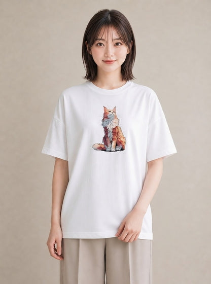 半袖Tシャツ レディース メインクーン 猫 ねこ イラスト ナチュラル 自分用 ルームウェア 白T YMAZO