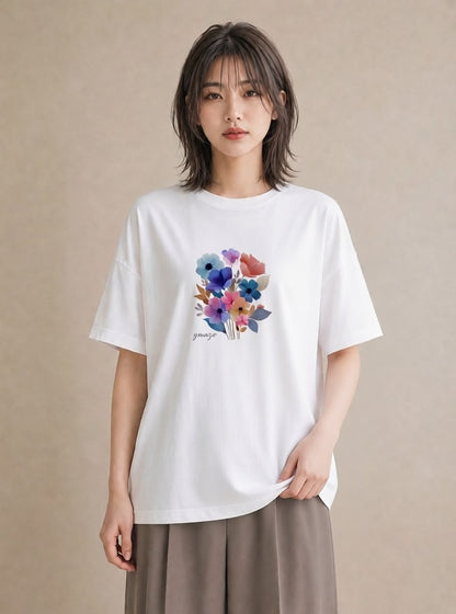 Tシャツ レディース パンジー 花 花柄 イラスト ユニーク クリスマス 旅行 白T YMAZO