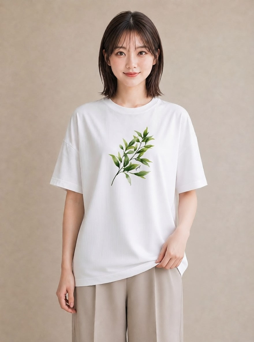 プリントTシャツ レディース 葉っぱ 植物 ボタニカル イラスト 抜け感 公園 ママ 白T YMAZO