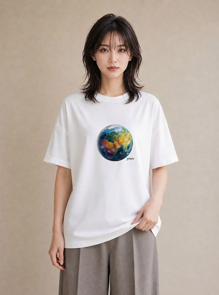 Tシャツ レディース 地球 星空 宇宙 イラスト ユニーク 週末コーデ 敬老の日 白T YMAZO