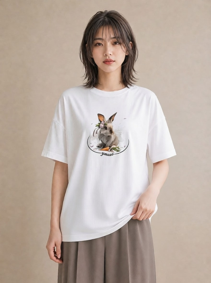 プリントTシャツ レディース うさぎ ウサギ ラビット ペット 動物 イラスト 韓国風 春服 ミセス 白T YMAZO