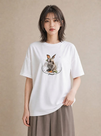 プリントTシャツ レディース うさぎ ウサギ ラビット ペット 動物 イラスト 韓国風 春服 ミセス 白T YMAZO