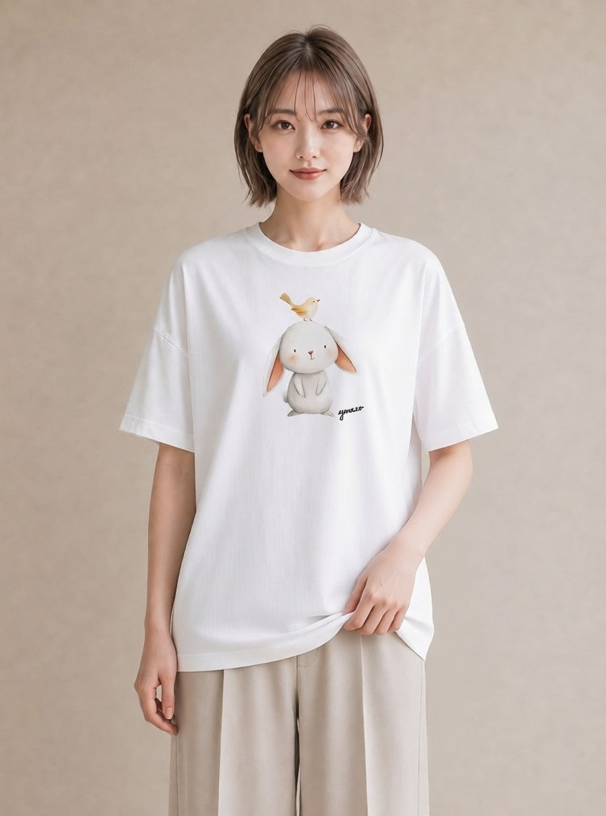 半袖Tシャツ レディース ミニうさぎ ペット 動物 イラスト 北欧風 週末コーデ 敬老の日 白T YMAZO