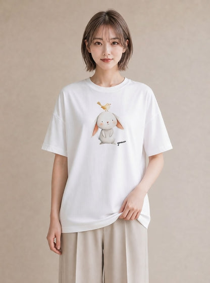 半袖Tシャツ レディース ミニうさぎ ペット 動物 イラスト 北欧風 週末コーデ 敬老の日 白T YMAZO